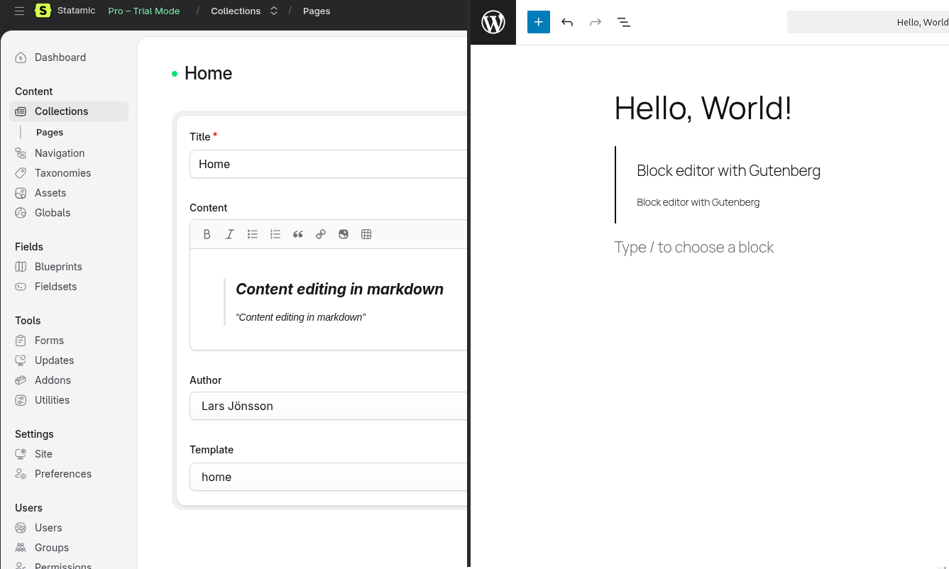 Statamic content creation and WordPress editor